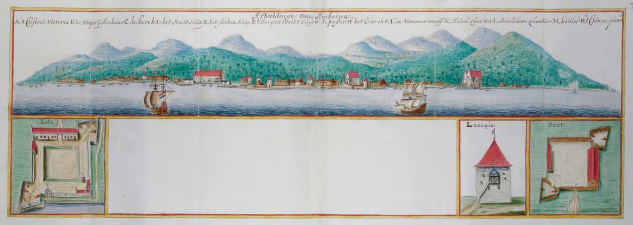 Farvet udsigt over Amboyna. af Dutch School