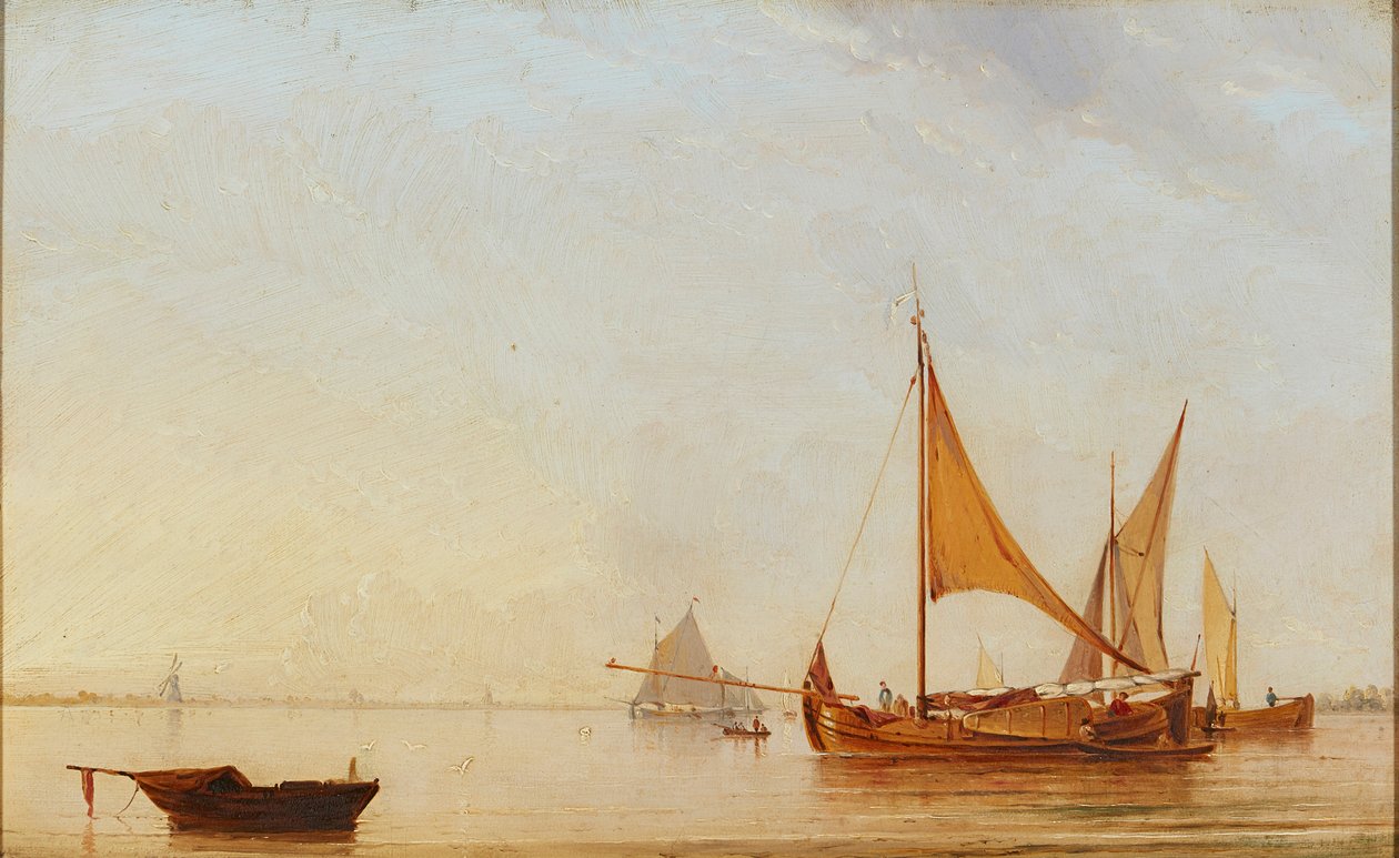 Harboring Boats at Dawn (olie om bord) af Dutch School