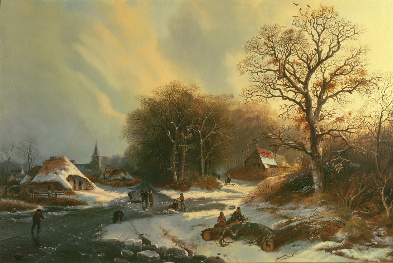 Figurer på en frossen flod af Dutch School Dutch School