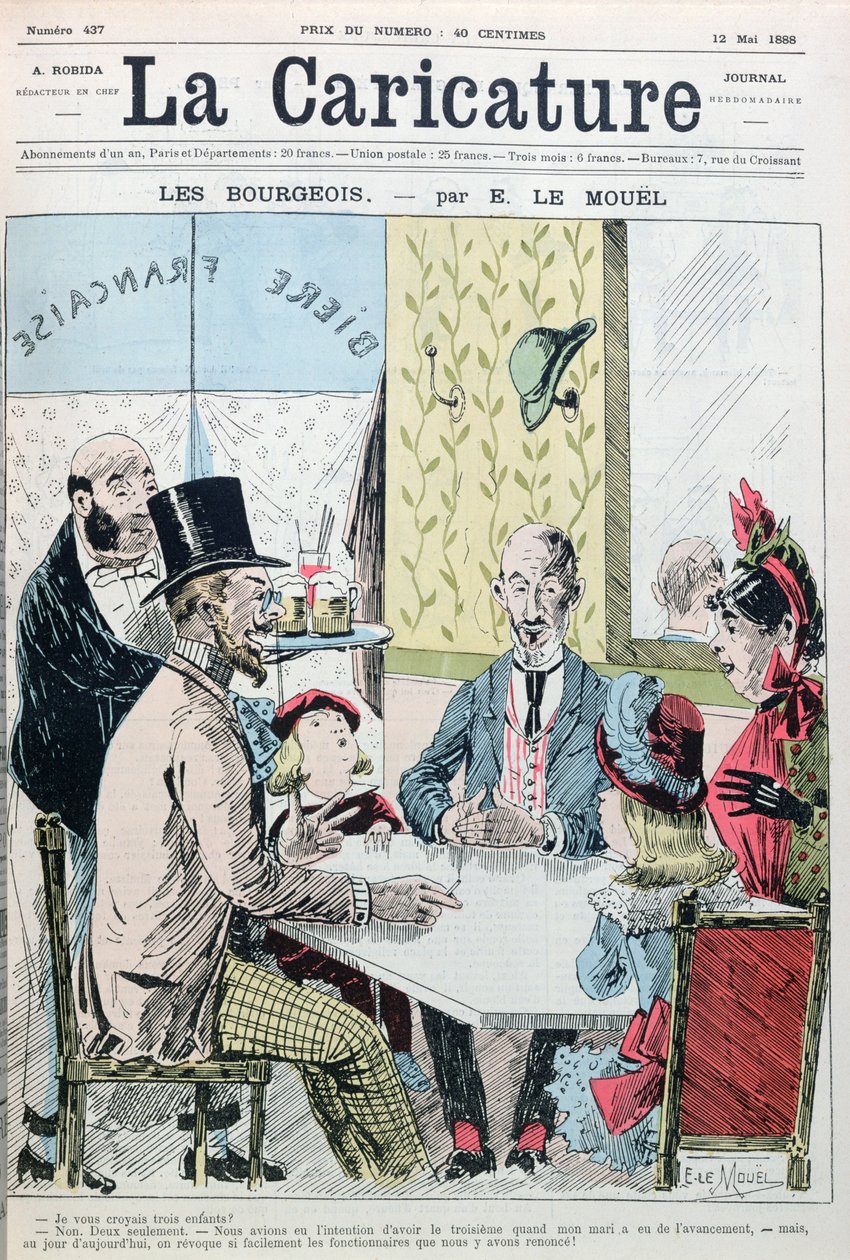 Et borgerligt ægtepar, der forklarer, at de kun havde to børn af økonomiske årsager, fra La Caricature, 12. maj 1888 af E. Le Mouel