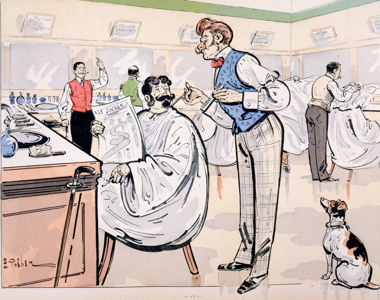 Hos frisøren og læser "Le Jockey", ca.1905 af E. Thelem