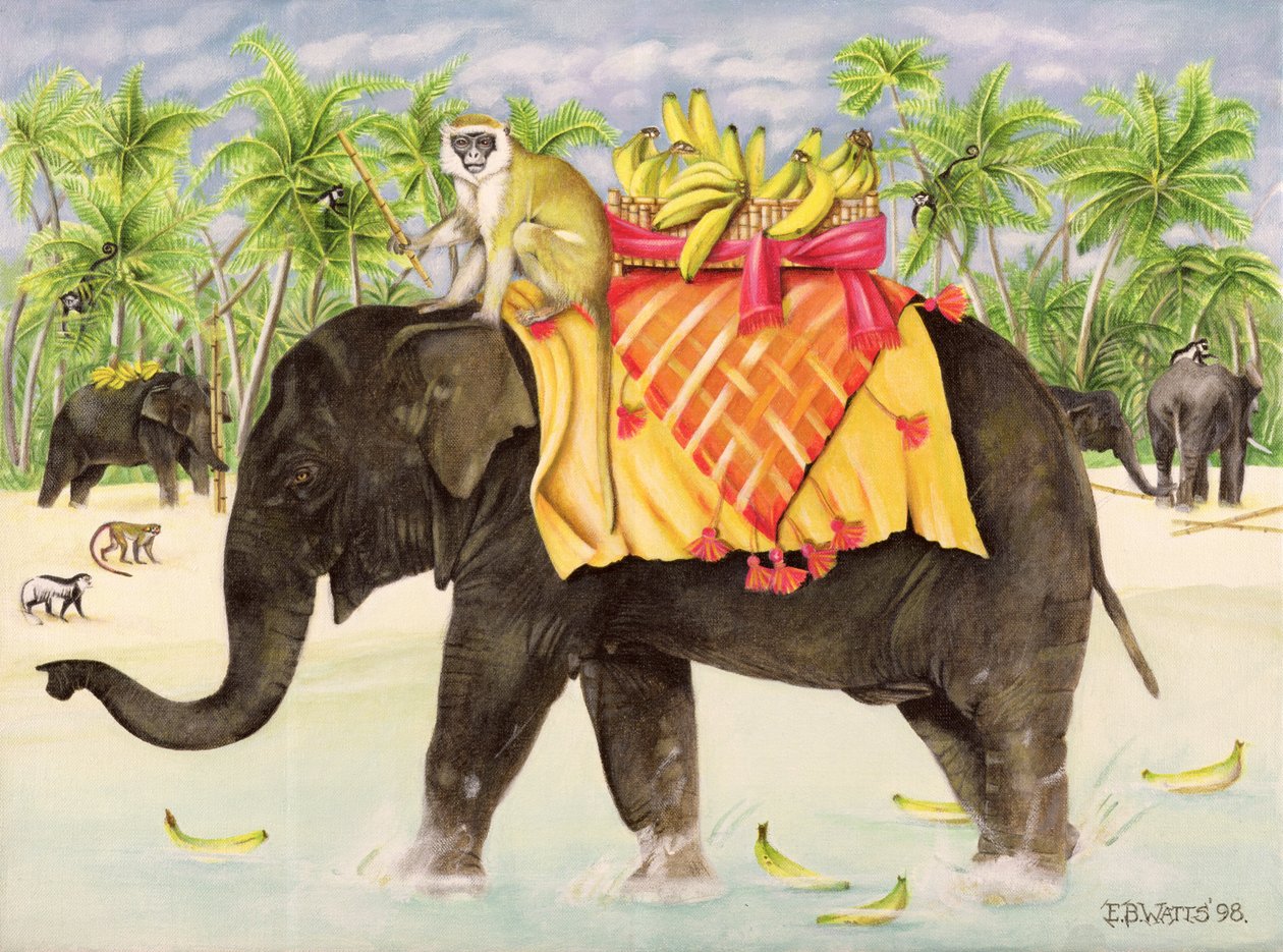 Elephants with Bananas, 1998 (akryl på lærred) af E.B. Watts