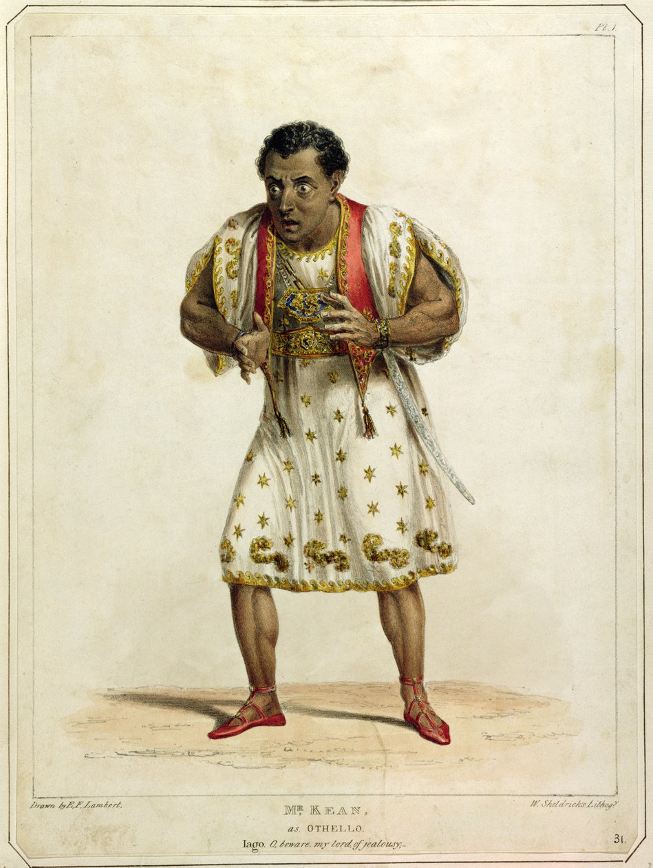 Portræt af Mr Edmund Kean (1787-1833) som Othello, indgraveret af W. Sheldricks (farvet litho) af E.F. Lambert