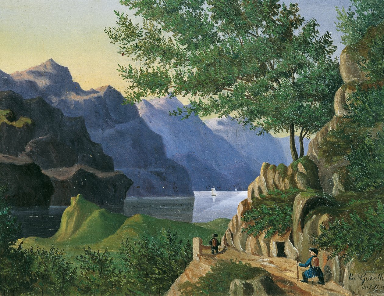 Bjergsø med vandrere af E. Guenther
