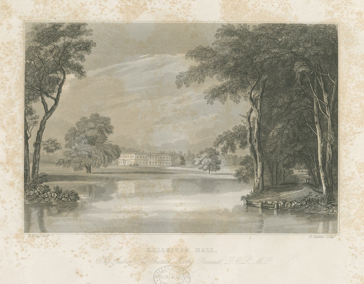 Rolleston Hall: streggravering, nd [c 1840] af E Stalker