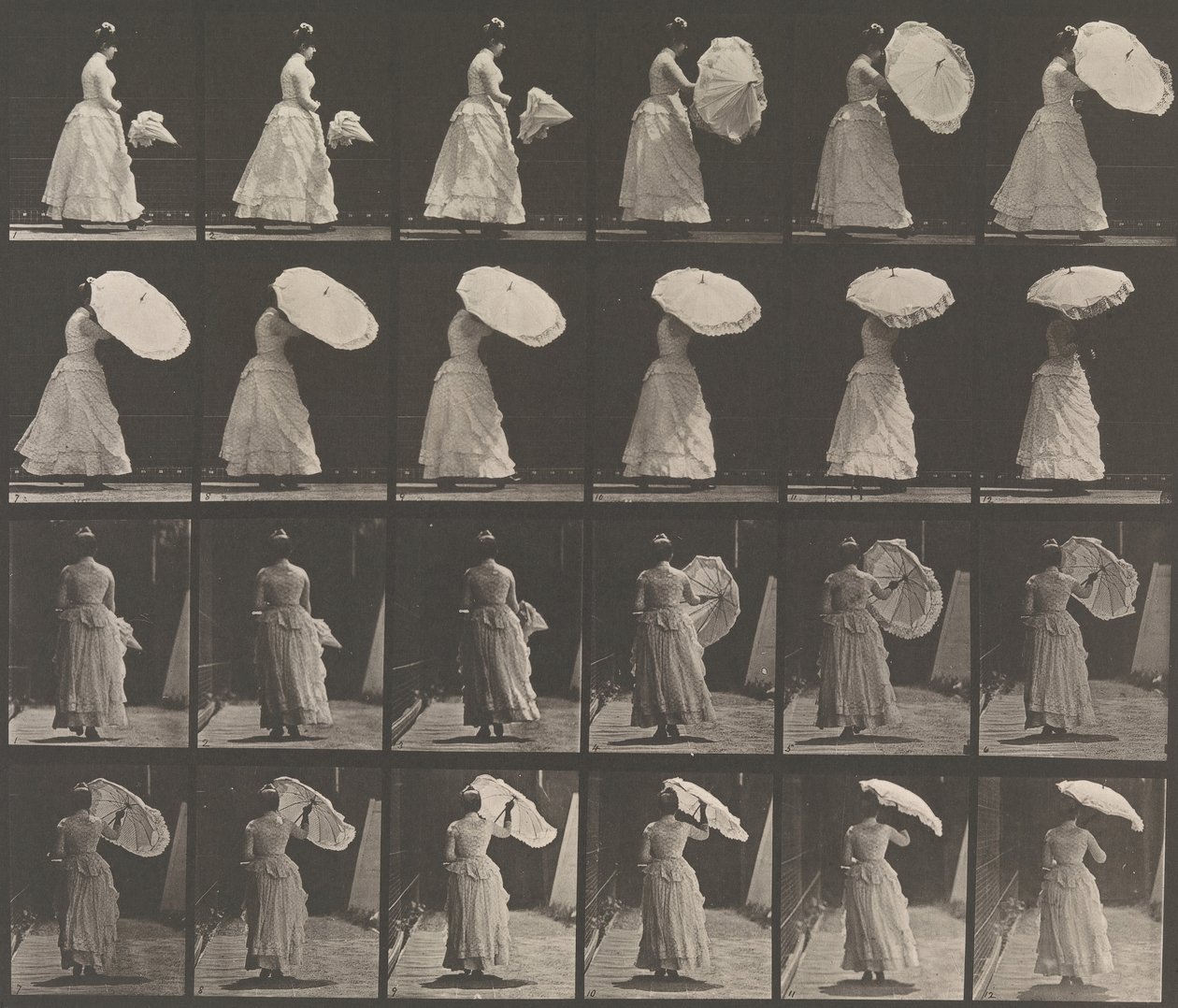 [Kvinde, der åbner parasol], 1883-86, trykt 1887. af Eadweard Muybridge