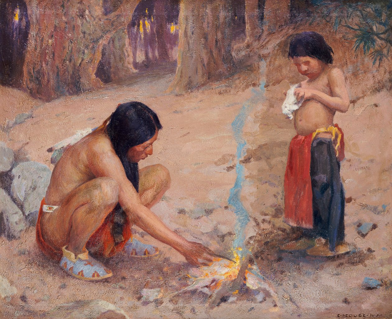 Lejrbålet (olie på lærred) af Eanger Irving Couse