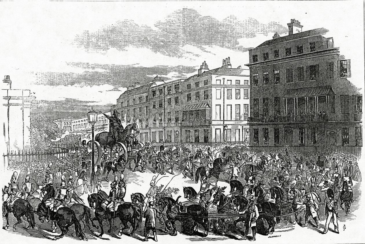 Den store procession af Wellington-statuen drejer ned ad Park Lane, offentliggjort i 