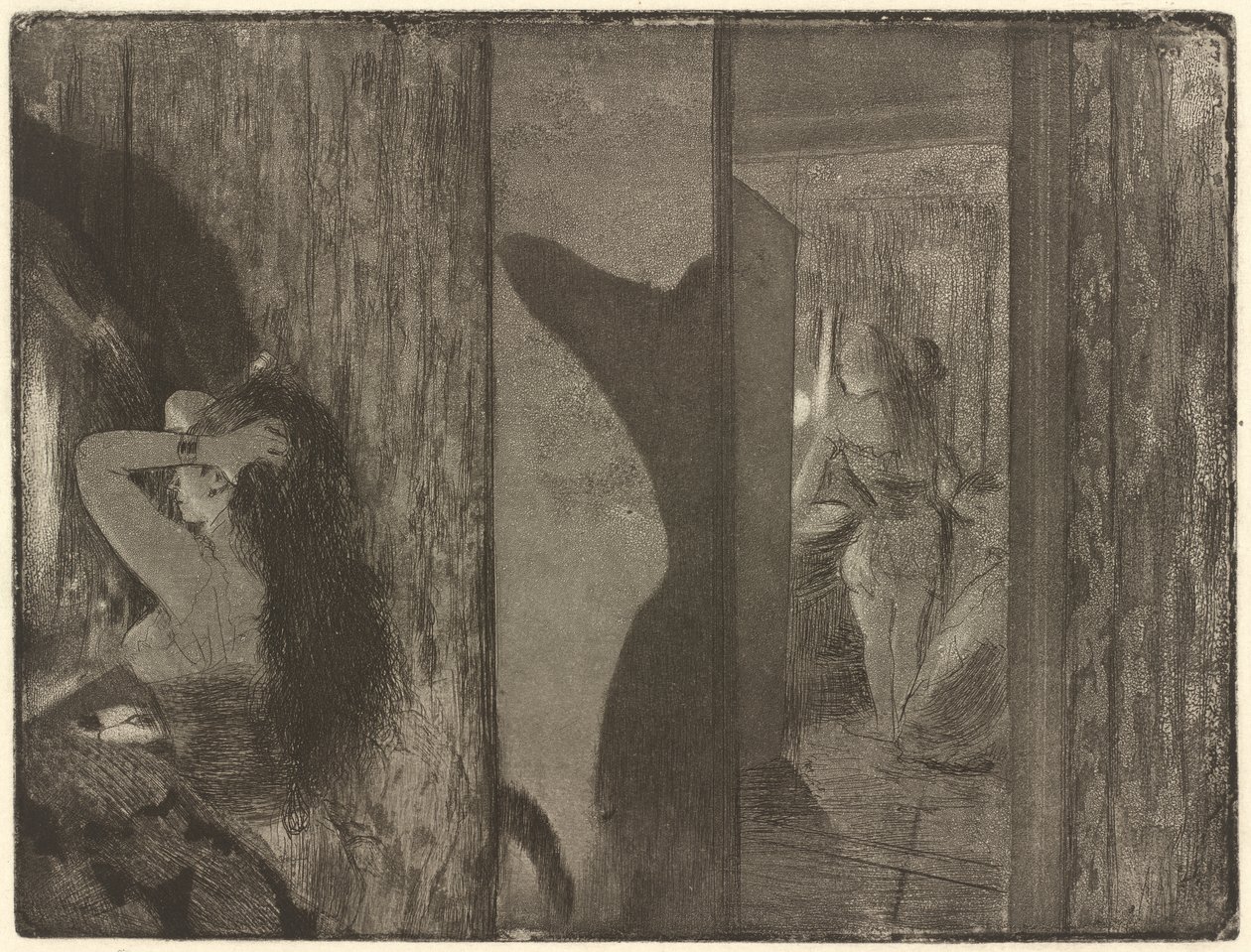 Skuespillerinder i deres omklædningsrum, 1879-1880 (ætsning og akvatint på vævet papir) af Edgar Degas