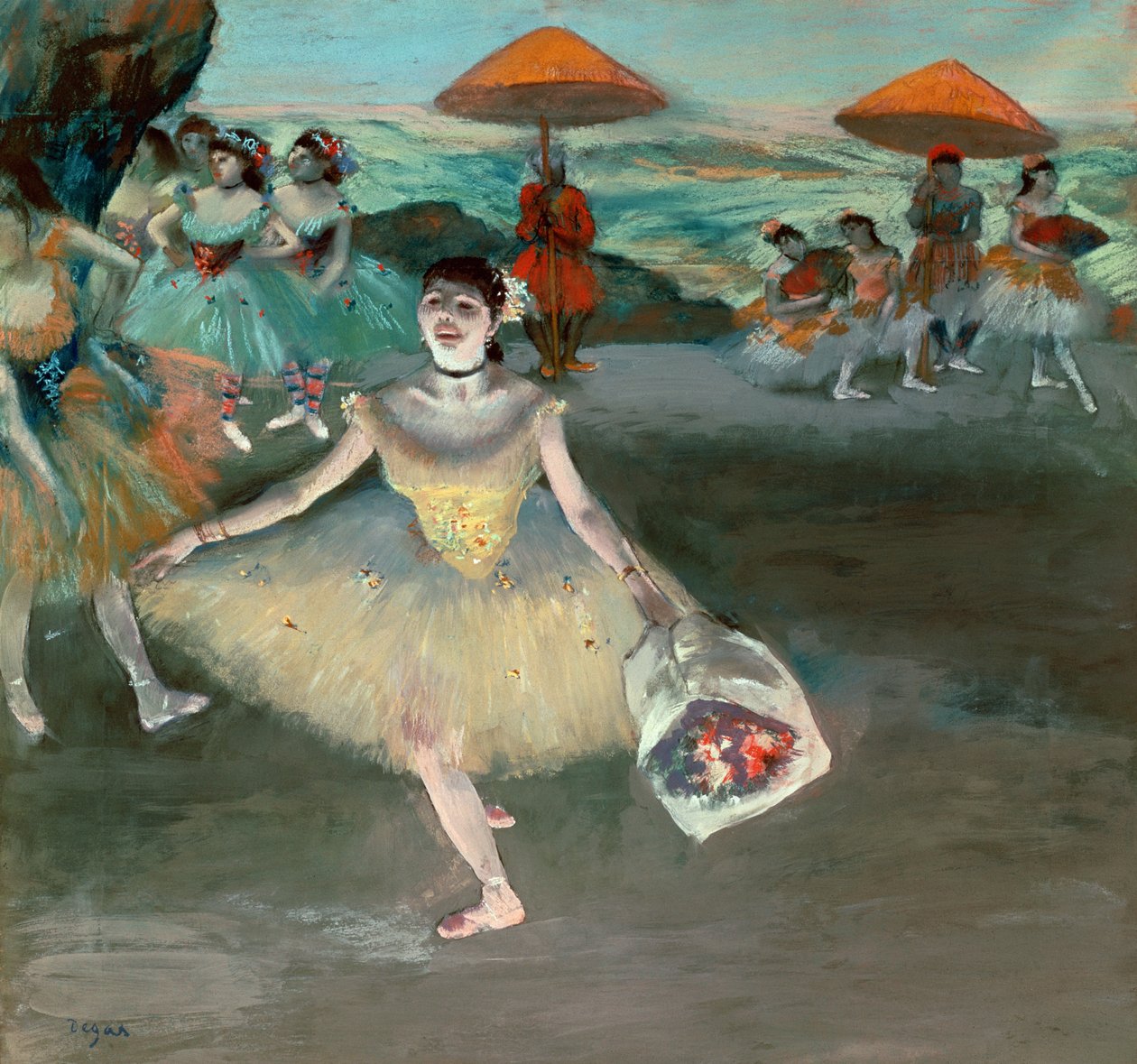 Danser med buket, curtseying, 1877 (pastel på papir) af Edgar Degas