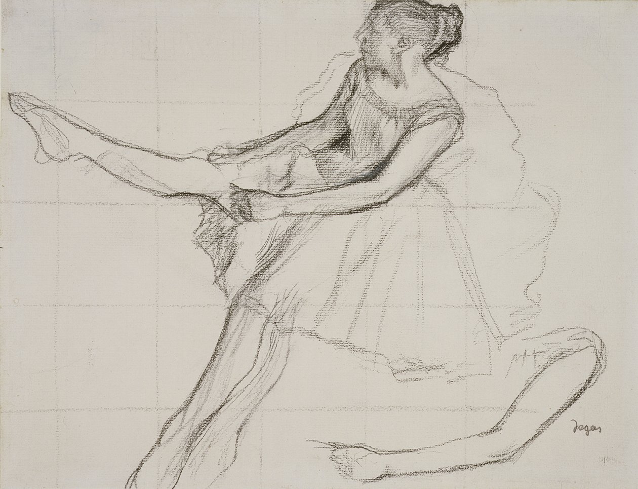 PD.23-1978 Danser justerer sine strømpebukser, ca. 1880 (blyant og kul på papir) af Edgar Degas