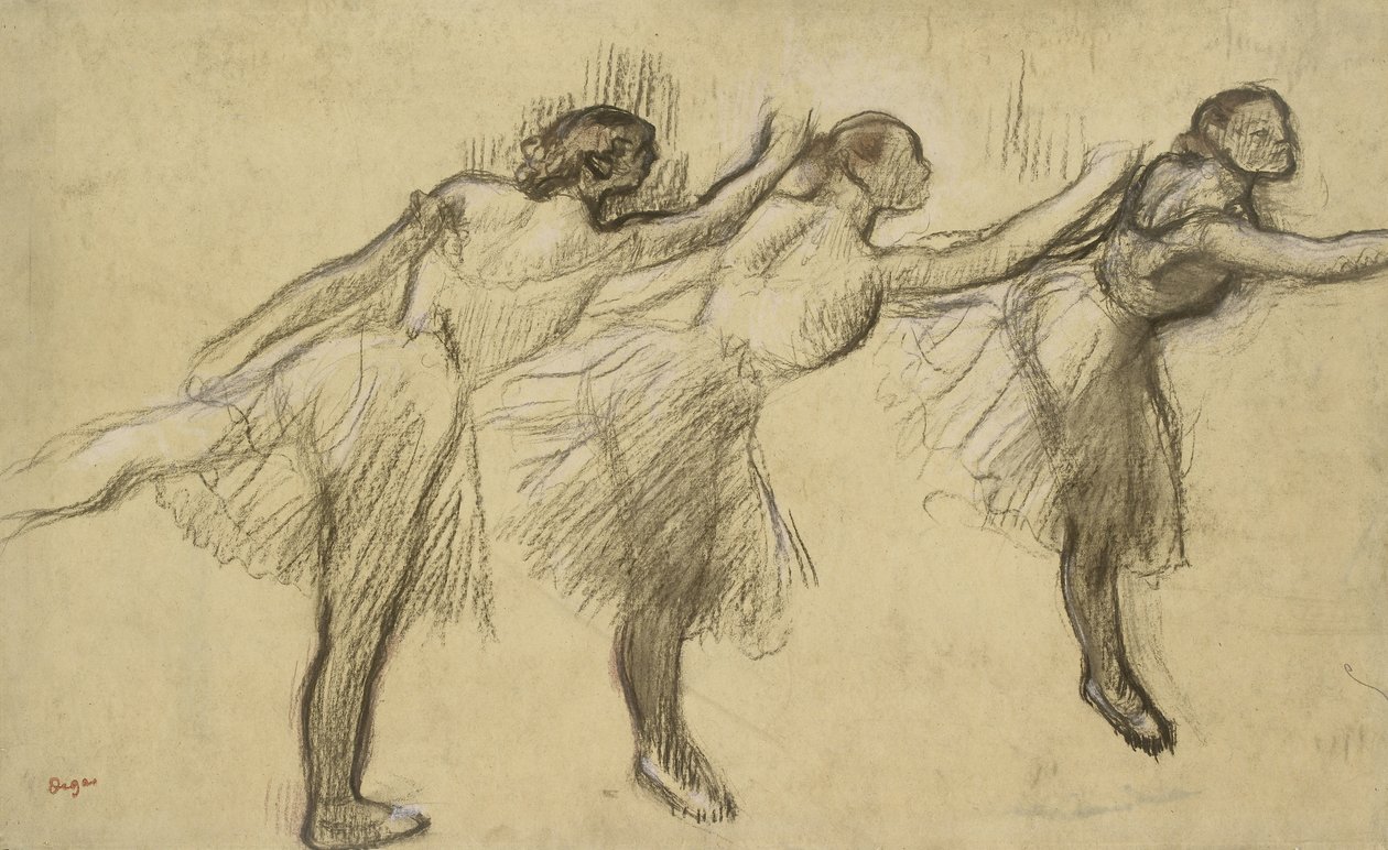 Tre studier af en ballerina (kul gnedet og rørt med lyserøde og brune pasteller på tyndt, gulligt, olieret papir, lagt på stift papir) af Edgar Degas