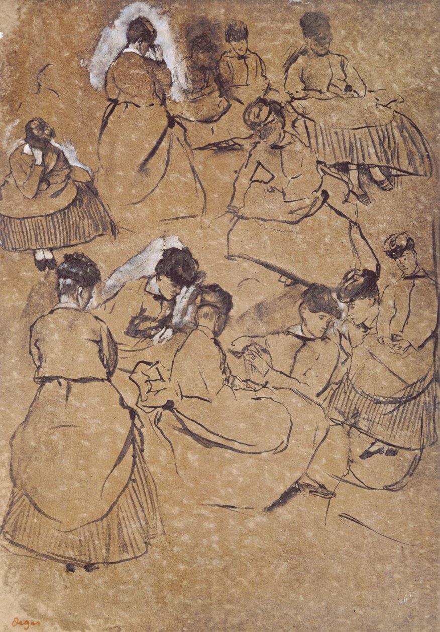 Tolv undersøgelser af kvinder i kostume af det andet imperium (pen og blæk på brunpapir) af Edgar Degas