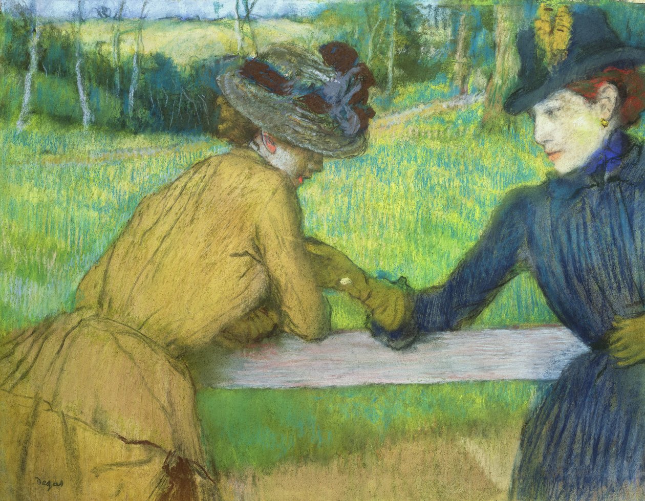 To kvinder læner sig op ad en port (pastel) af Edgar Degas