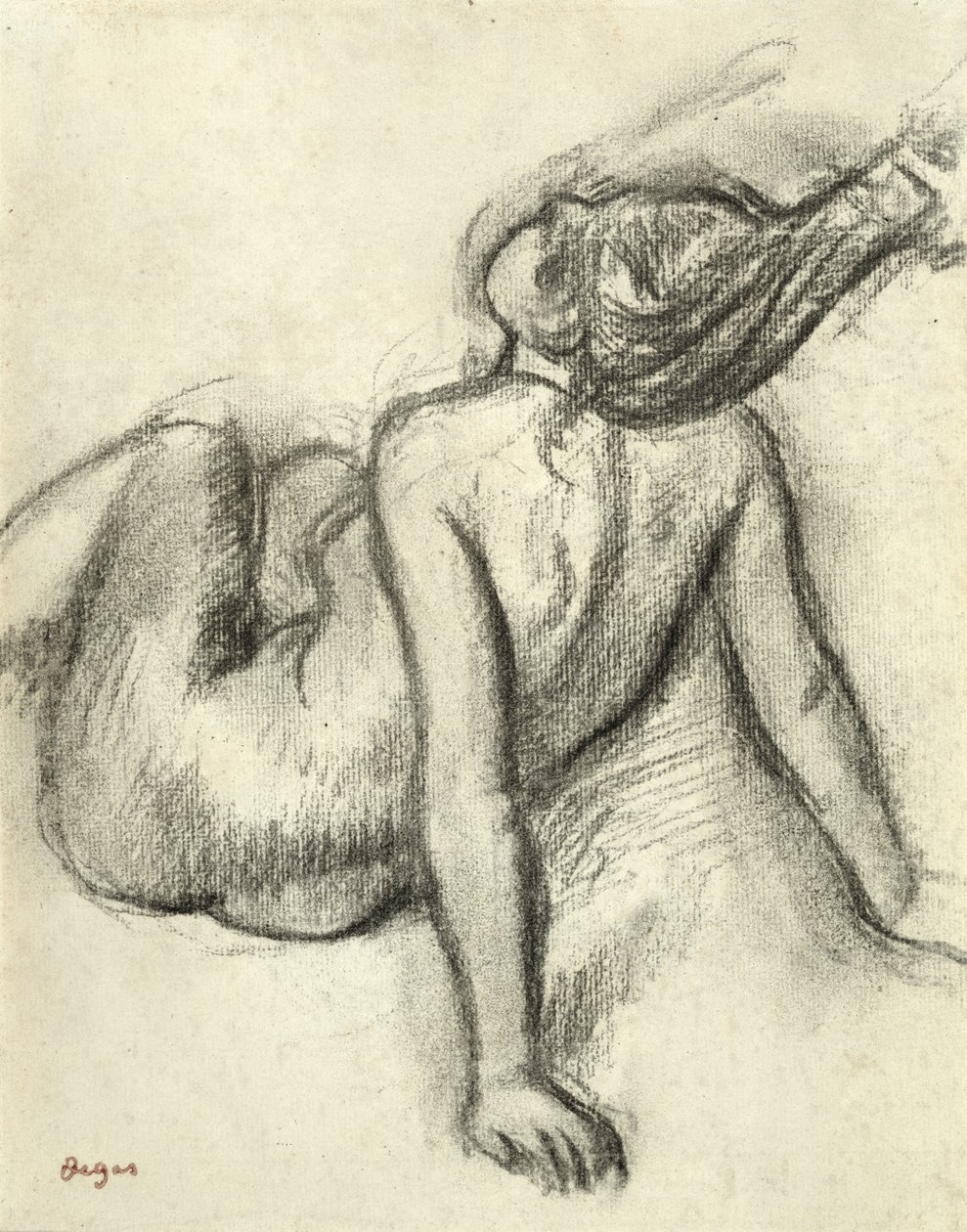 Kvinde får sit hår stylet (kul på papir) af Edgar Degas