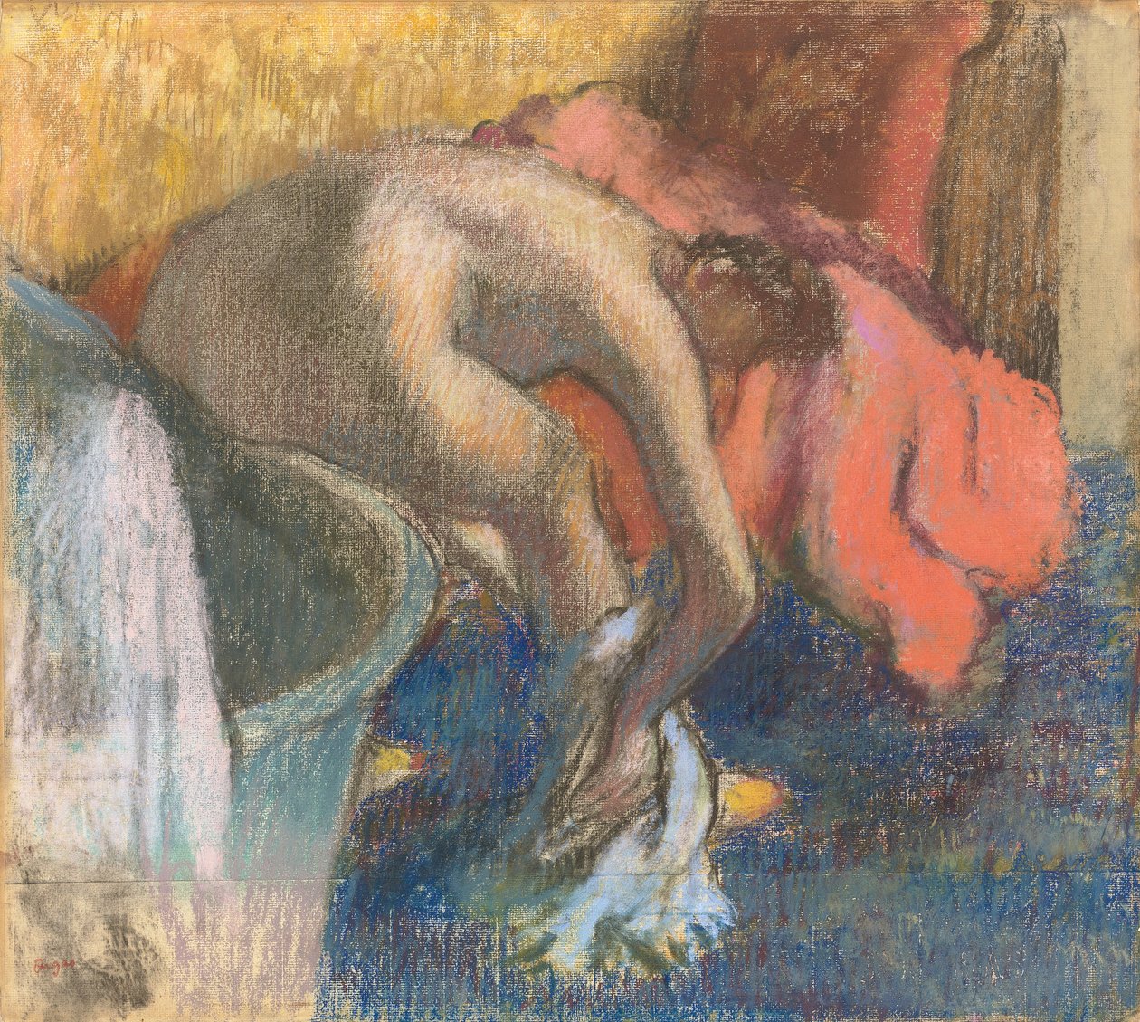 Efter badet tørrer kvinde sit ben af Edgar Degas