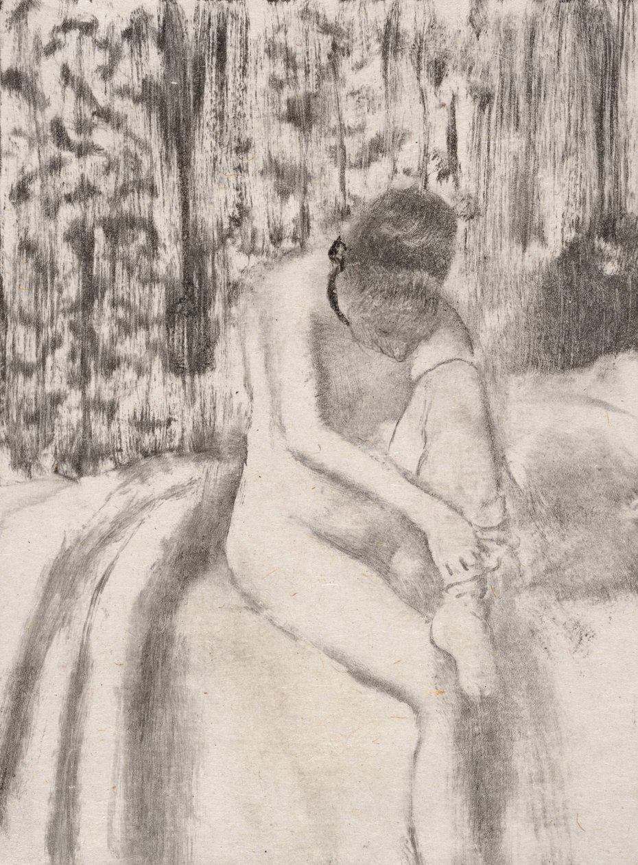 Pige tager sine strømper på, 1876-77. af Edgar Degas