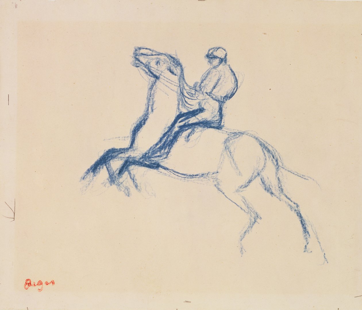 Jockey på hesteryg (farveblyant på papir) af Edgar Degas