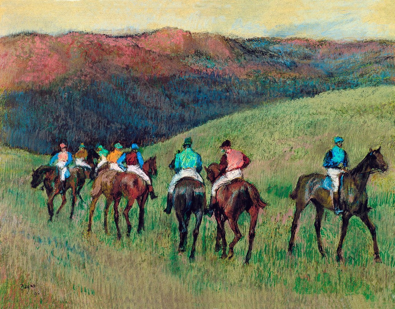 Væddeløbsheste i et landskab, 1894 af Edgar Degas
