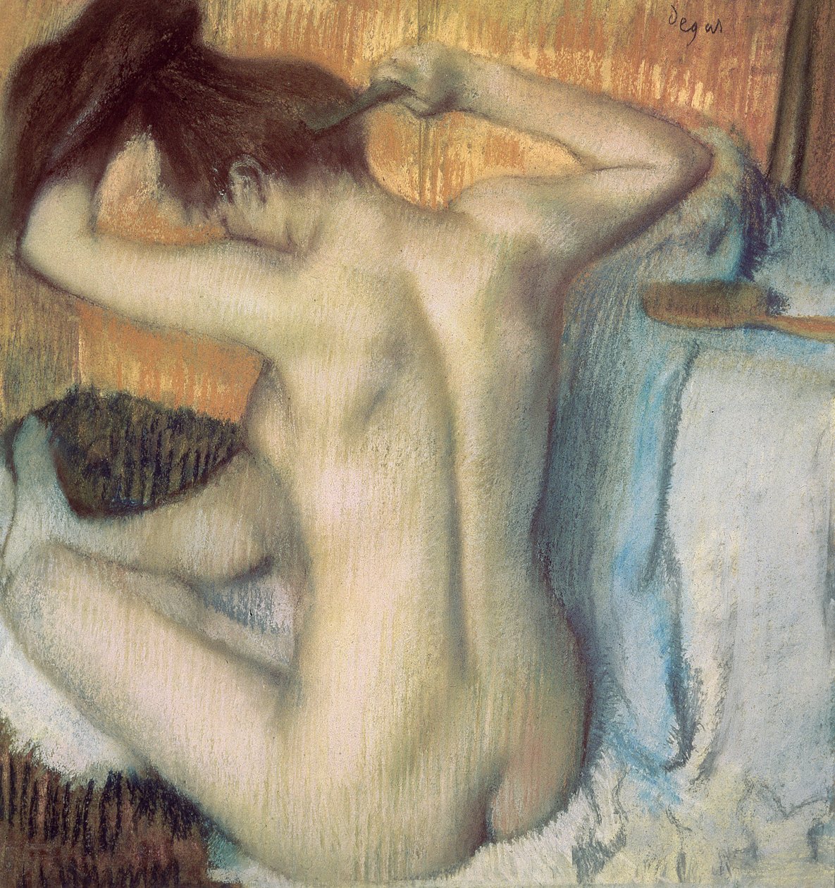Kvinde kæmmer sit hår, ca. 1885 (pastel) af Edgar Degas