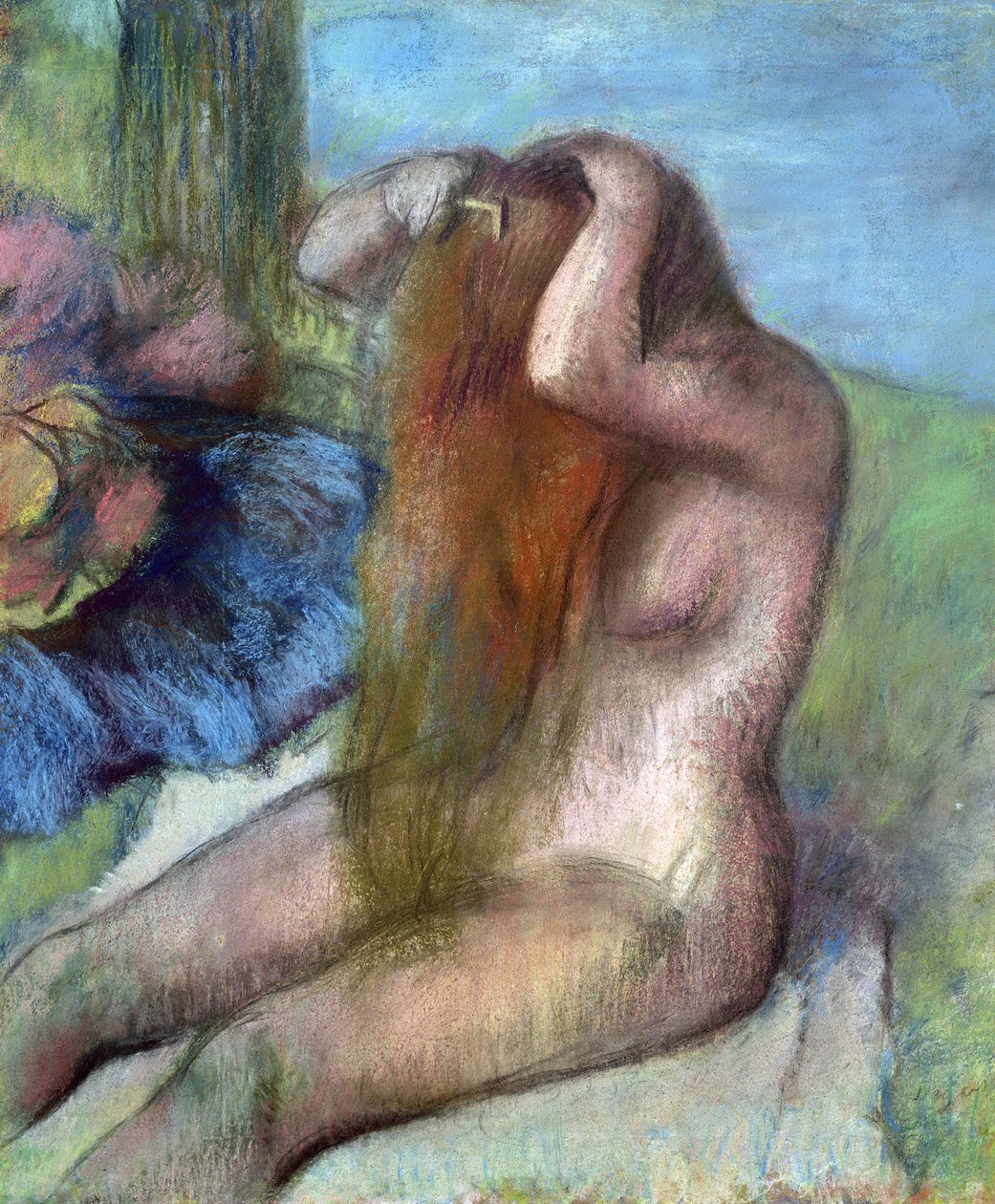 Kvinde laver sit hår, ca. 1895 (pastel) af Edgar Degas