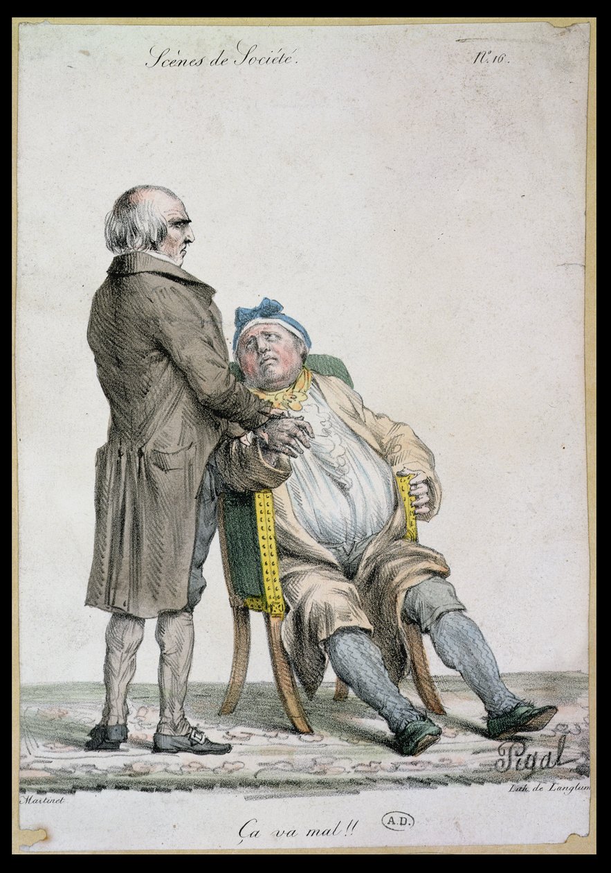 "Du er ikke særlig rask!", skildring af den rige mands læge, graveret af Langlume (fl.1822-24) 1825 af Edme Jean Pigal