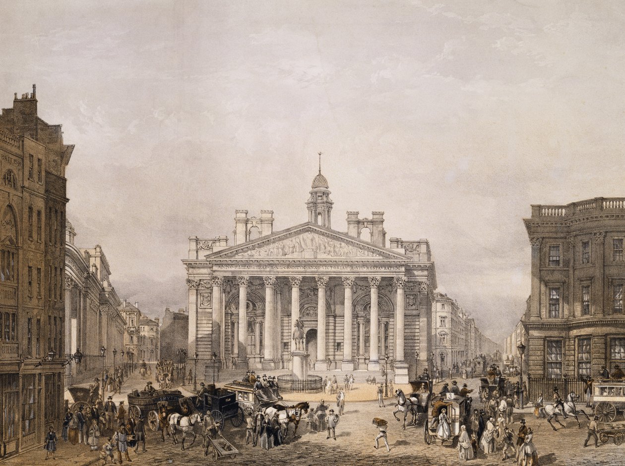 Royal Exchange og The Bank of England, pub. 1852 af Lloyd Bros. und Co. (litografi) af Edmund Walker