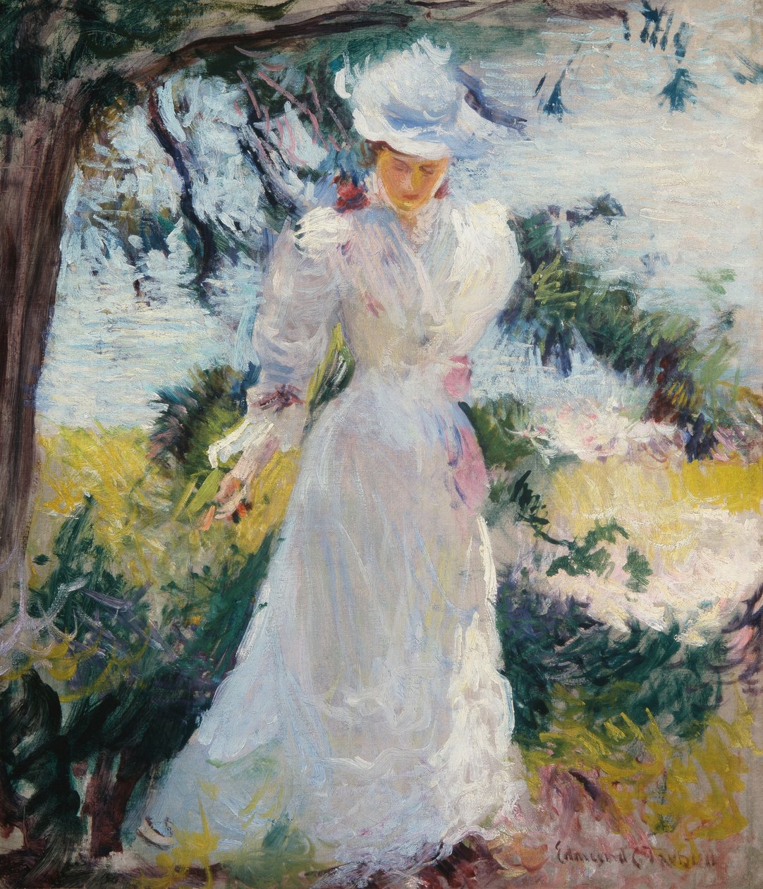 Min kone, Emeline, i en have af Edmund Charles Tarbell