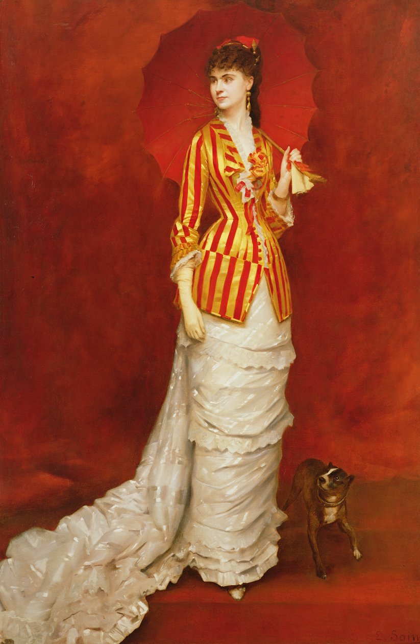 Portræt af en dame i en stribet jakke med en parasol af Edouard Alexandre Sain