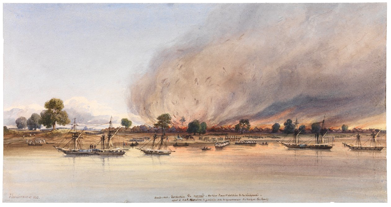Ødelæggelsen af byen Cascas i Senegal, 1843 af Edouard Auguste Nousveaux