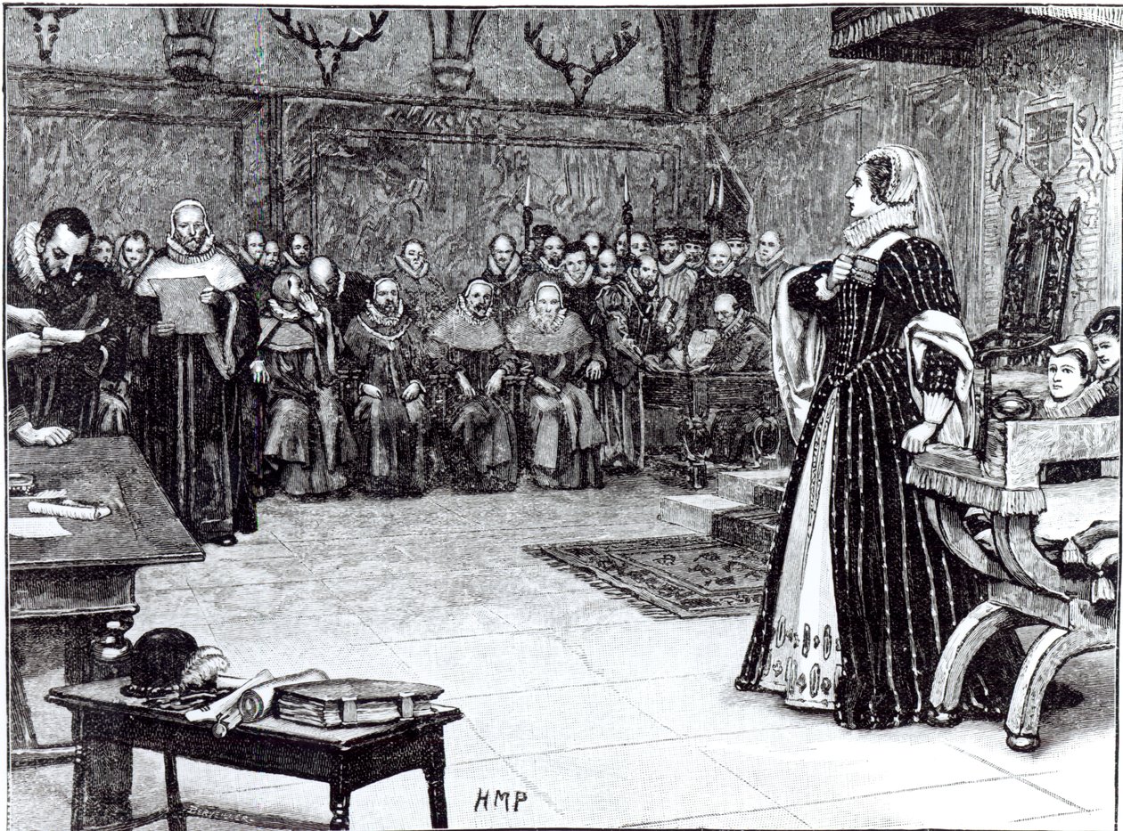 Retssagen mod Mary Queen of Scots (1542-87) på Fotheringhay Castle af Edouard Berveiller