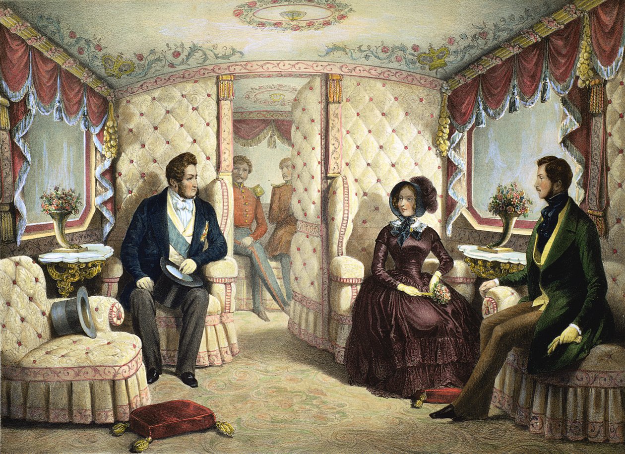 Interiør af Dronningens Jernbanevogn, indgraveret af Jules David (1808-92), ca. 1844 af Edouard Pingret