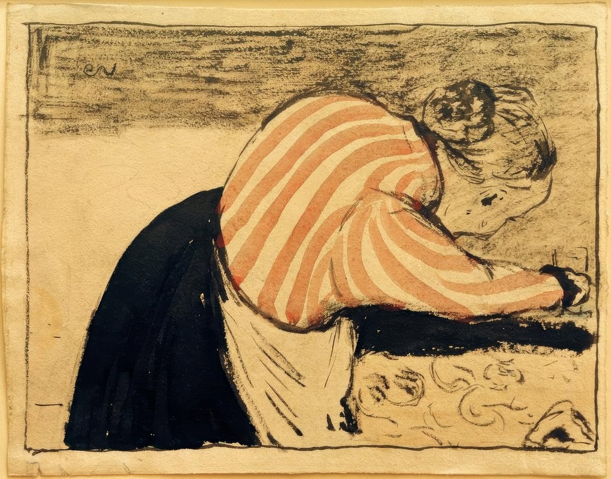 Gammel kvinde lænet på bordet af Edouard Vuillard