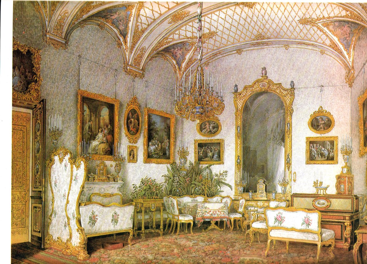 Interiør af Vinterpaladset. Den hvide stue i den nordvestlige Risolite (Alexandra Fedorovna suite) af Eduard Hau