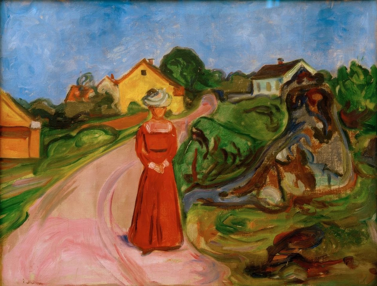 Kvinde i rød kjole (gade i Åsgårdstrand) af Edvard Munch