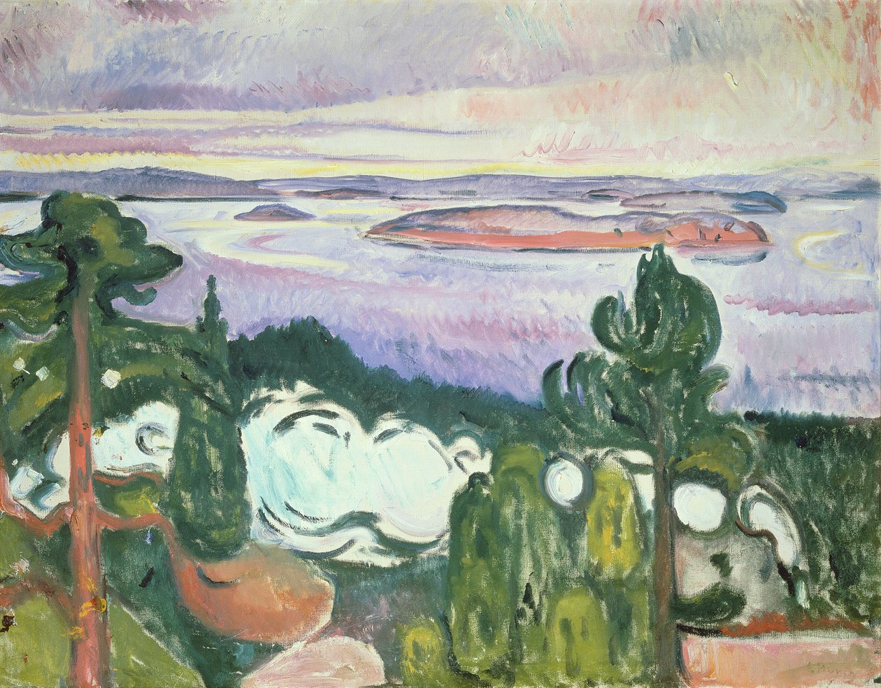 Oslofijord - nordlig strand (landskab med jernbane, tog og røg) 1910 af Edvard Munch