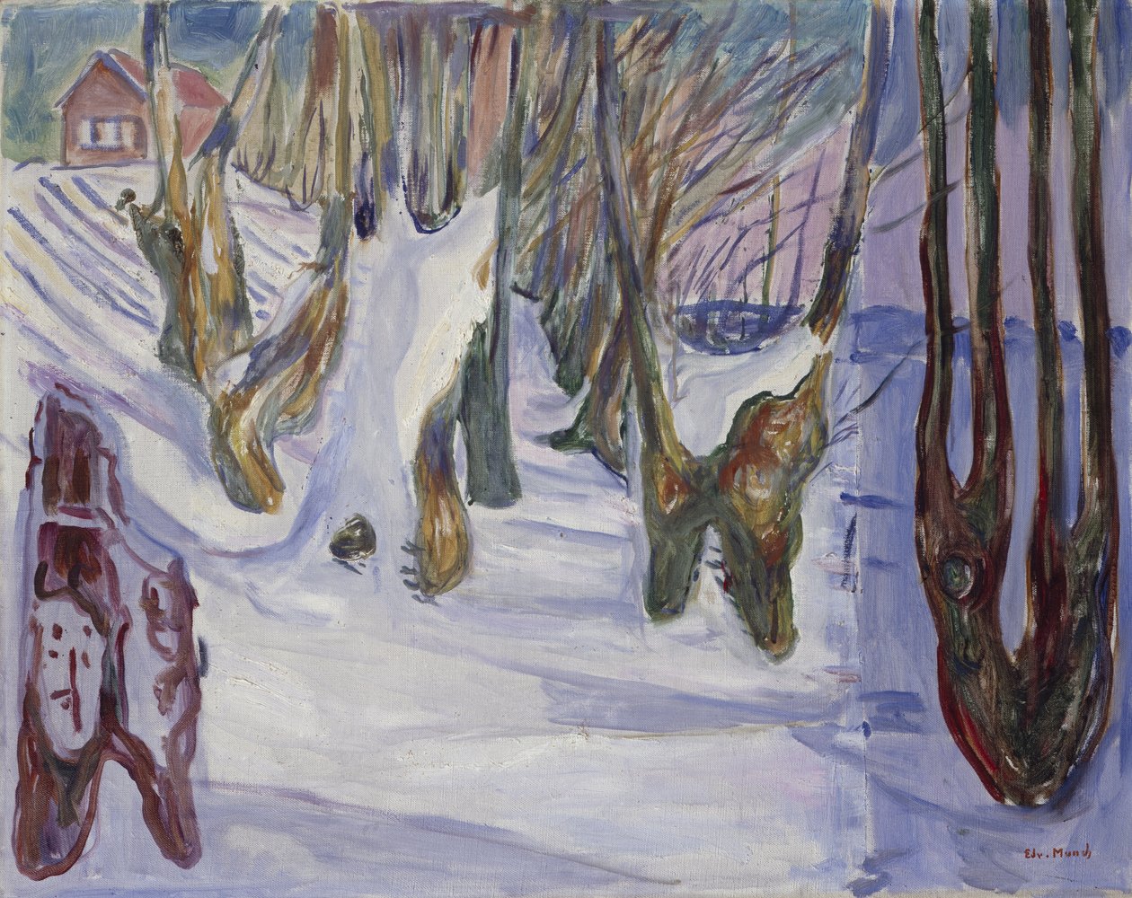 Vinterlandskab med hus (olie på lærred) af Edvard Munch