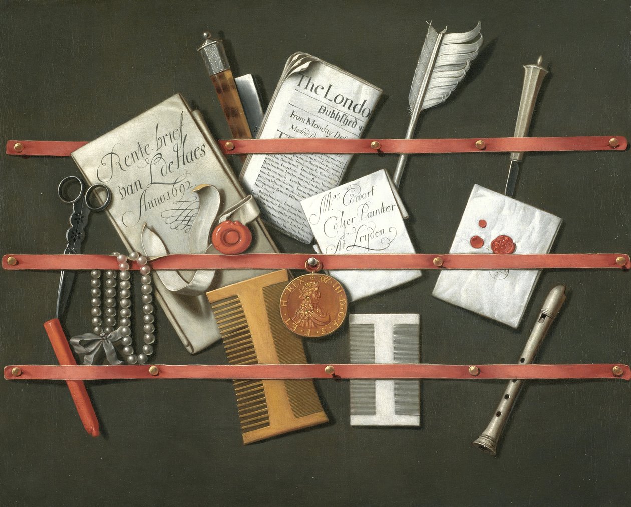 Stilleben, et brevstativ, 1692 af Edwaert Colyer or Collier