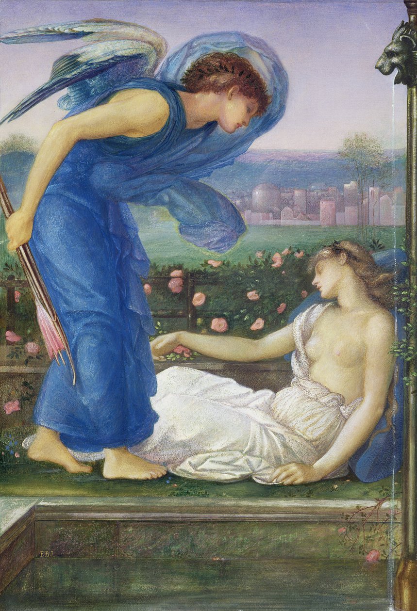 Amor og psyke, ca. 1865 (wc, kropsfarve og pastel på papir monteret på linned) af Edward Burne Jones