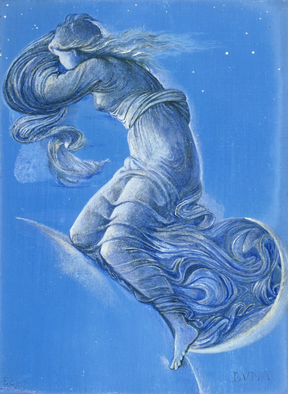 Luna (wc, bodycolour, blyant og sølvfarve på linned) af Edward Burne Jones