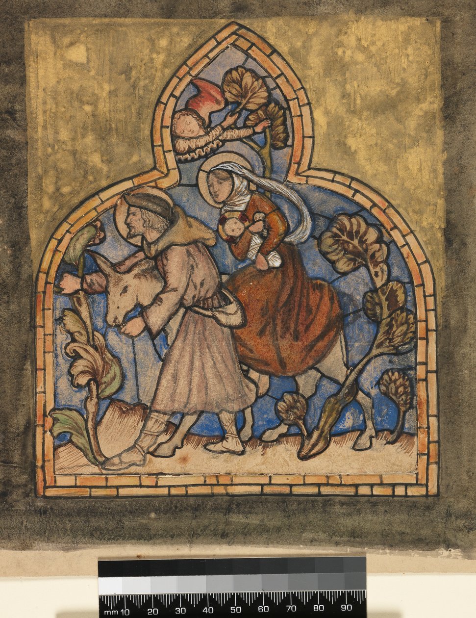 The Flight into Egypt, 1862, design til et farvet glasvindue (wc og sort blæk over blyant) af Edward Burne Jones