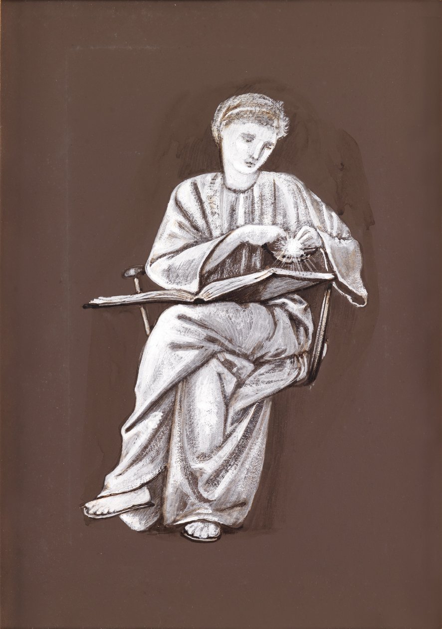 Studie af en siddende pige med en bog (brun og hvid kropsfarve på papir) af Edward Burne Jones