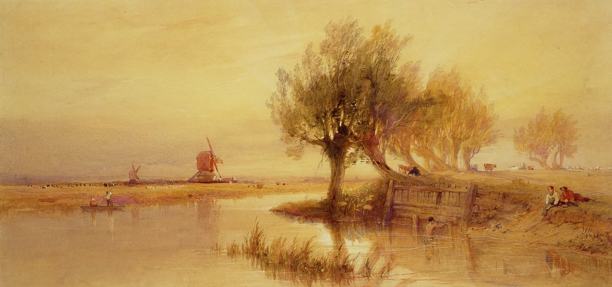 On the Norfolk Broads, Evening (blyant og wc på papir) af Edward Duncan
