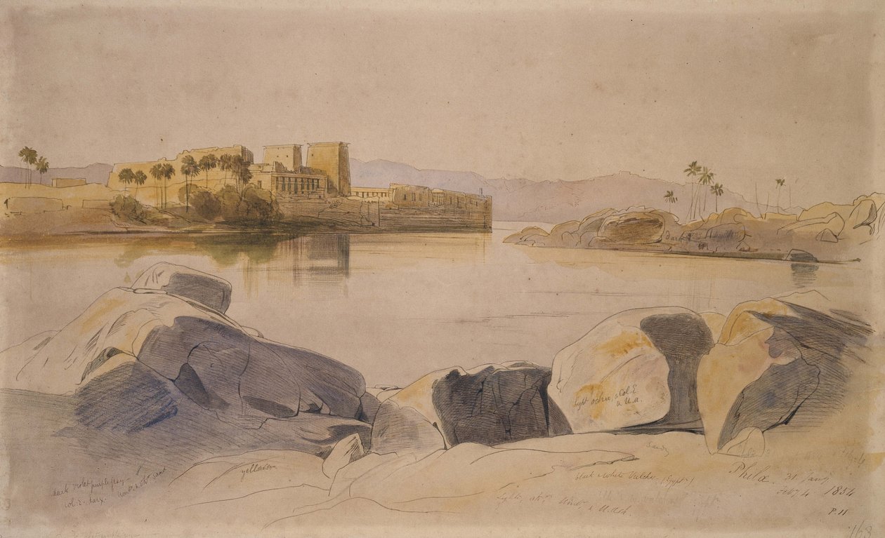 Philae, Egypten, 1854 (Pen og sort blæk, grafit og akvarel på brunt papir) af Edward Lear