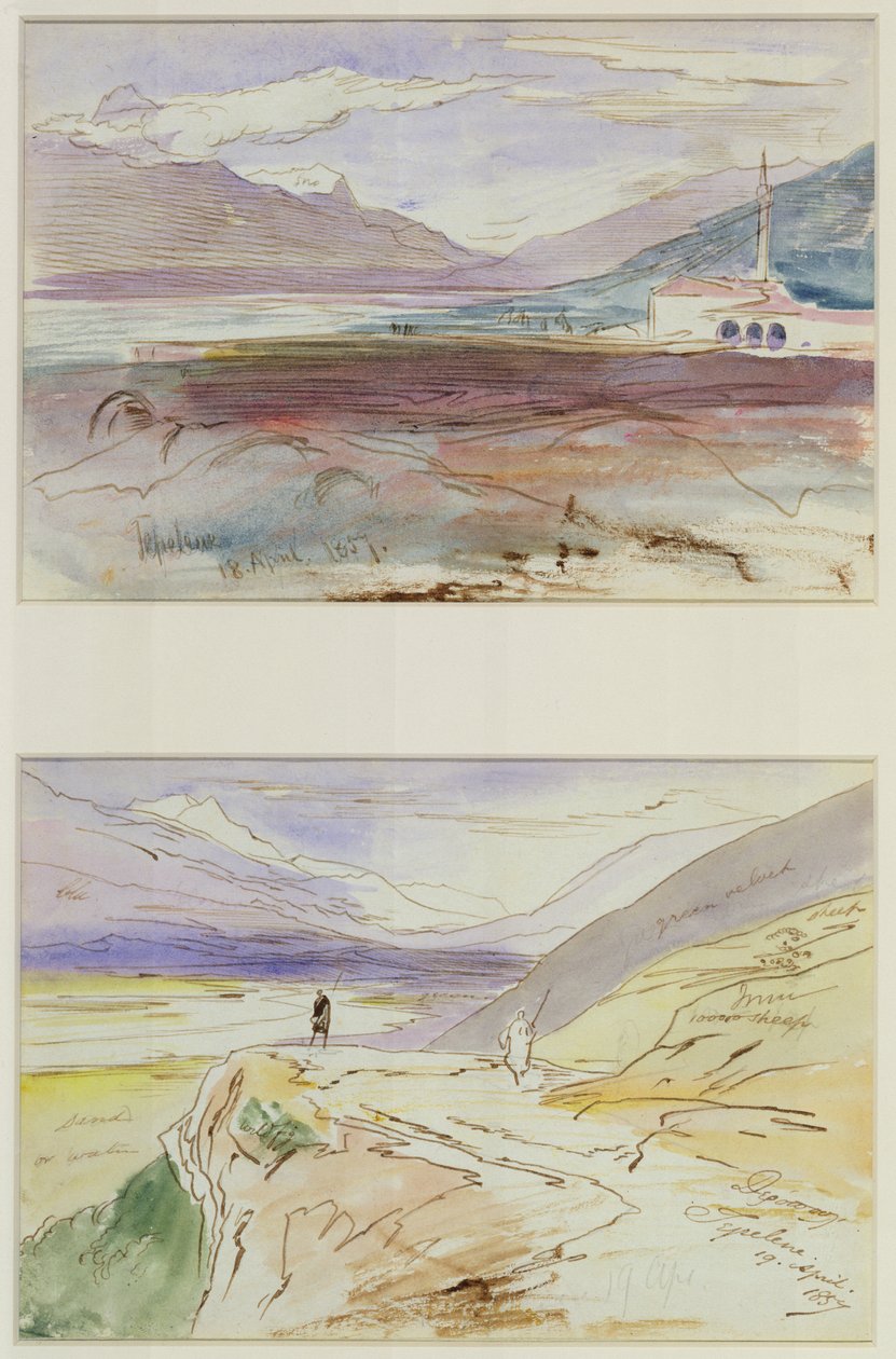 Tepelene, 1857 (pen, blæk og wc på vævet papir lagt om bord) af Edward Lear