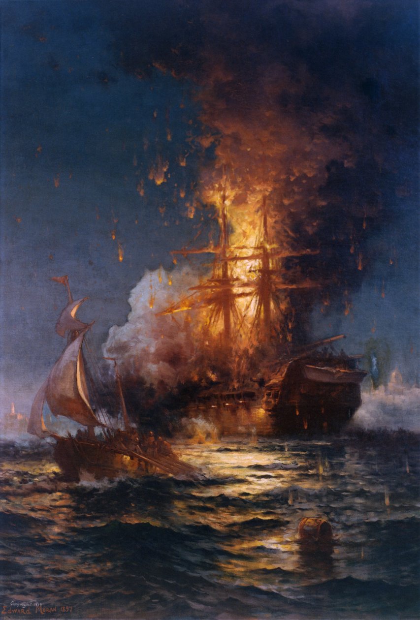 Afbrænding af Fregatten Philadelphia i havnen i Tripoli af Edward Moran