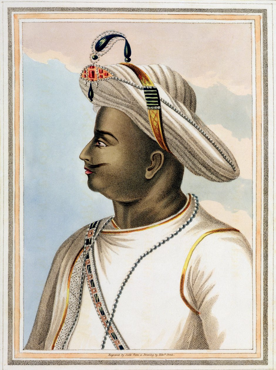 Tippoo Sultan (1749-99) plade fra Picturesque Scenery in the Kingdom of Mysore, graveret af Edmund Scott (1758-1810) 1805 af Edward Orme