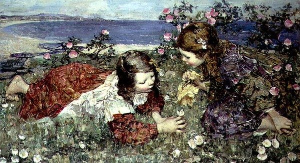 Sommerfugle (olie på panel) af Edward Atkinson Hornel