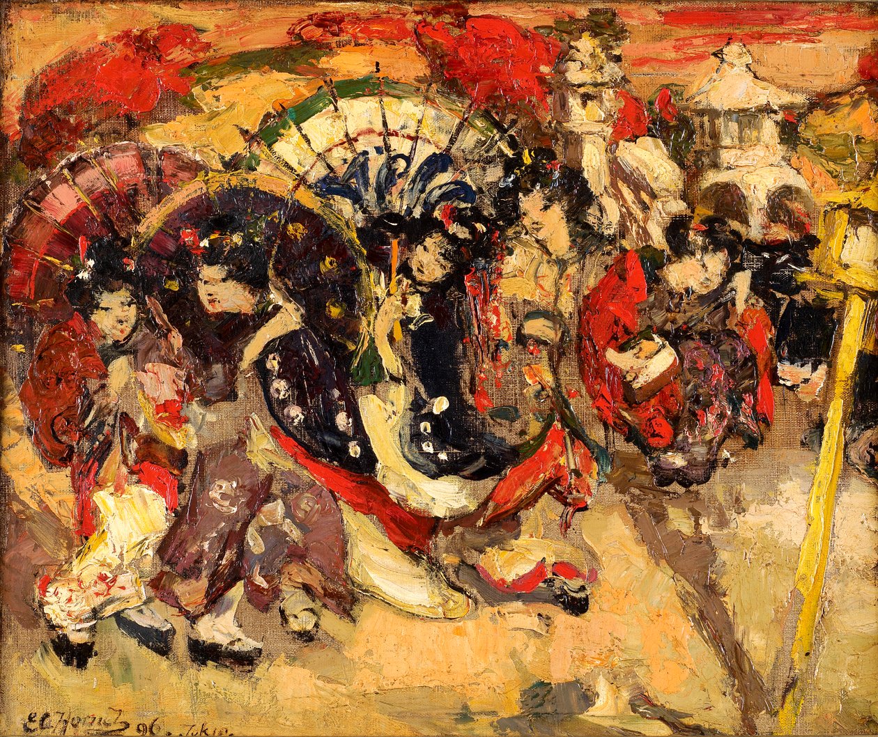 Japanske figurer i en have af Edward Atkinson Hornel
