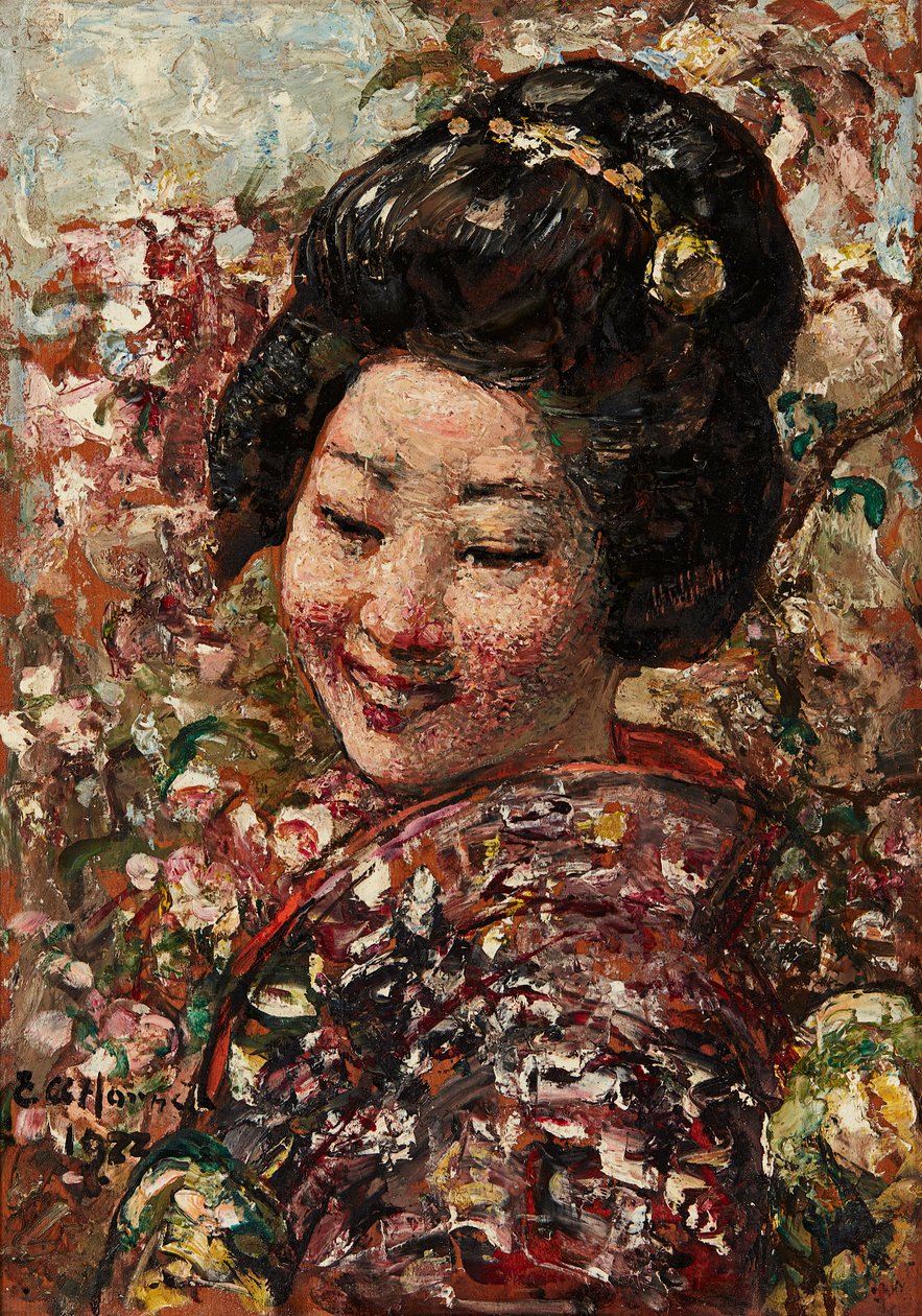Japansk pige (olie på panel) af Edward Atkinson Hornel